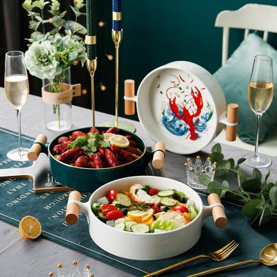 China Fresh Stored Style Crawfish Print Empty Round Fruit Salad Tabletop Porcelain Ceramic Dish for sale