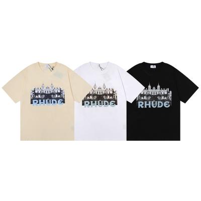 China Breathable stain 2022 new summer high street Rhude HD American castle printing men and women couple cotton T-shirt short-sleeved wholesale for sale