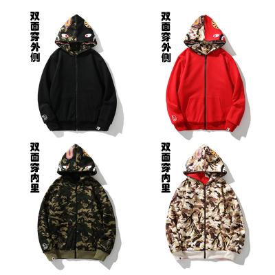 China Street loose couples new sweater Bape breathable double-sided camo shark fashion brand version splicing hooded cardigan for sale