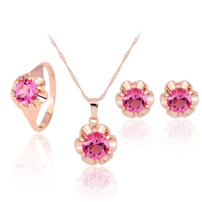 China Ethnic Ladies Fashion Hot Sale Jewelry Set Alloy Zircon Material Inlaid Pink Earrings Ring Necklace Set Wedding Anniversary for sale