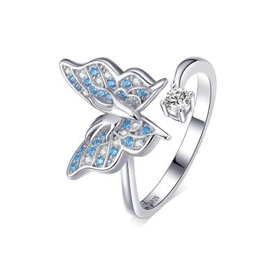 China Fashion S925 Sterling Silver Butterfly Open Ring High Quality Platinum Plated Blue Zircon Ring for sale