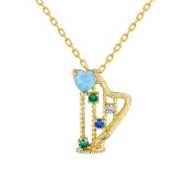 China 2020 Environmentally Friendly European and American Fashionable 9K Gold People Musical Instrument Artificial Blue Opal Harp Pendant Necklace Clavicle for sale