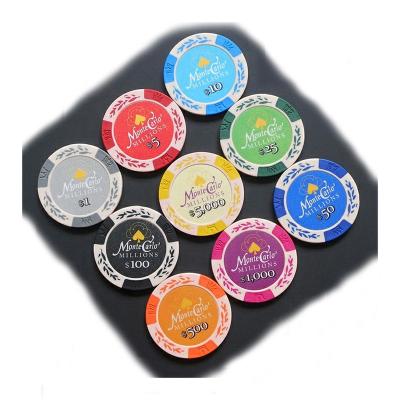 China Wheat Monte Carlo Sticker Poker Crown Texas Holdem Chips Custom 13.5g Clay Casino Texas Poker Casino Chip for sale