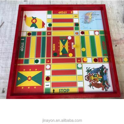 China Custom Paper Ludo Board Game Chess with Wooden Frame Organic Glass Dices Maker and Pawns for sale