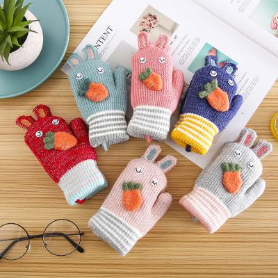 China Daily Lifestyle Winter Cartoon Children Gloves Cute Rabbit Carrot Knitted Halter Gloves With Halter Children's Plush Warm Gloves for sale