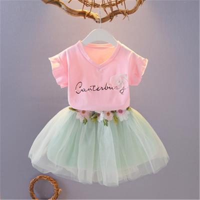 China 3 Color Girls Casual INS Letters Flower Set 2020 New Children Fashion Short Sleeve T-shirt + Short Skirt 2 Piece Set Pink Green Suit for sale