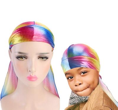 China Parent Child Extra Long Tail Durag Laser Bandanas Turban Hat Wigs Breathable Doo Durags Headwear Headband Hair Accessories VV175 for sale