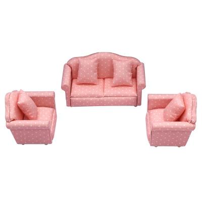 China Mini Dollhouse Furniture 1:12 Dollhouse Toy Cartoon Living Room Furniture Pink Polka Dot Sofa Three-Piece Set With Pillow for sale