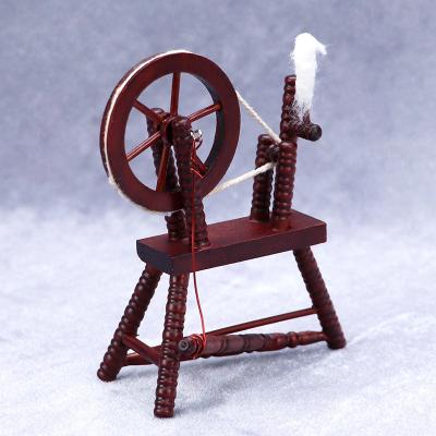 China 1:12 Mini Dollhouse Furniture Toy Cartoon Retro Pocket Model Wooden Brown Vintage Spinning Wheel for sale