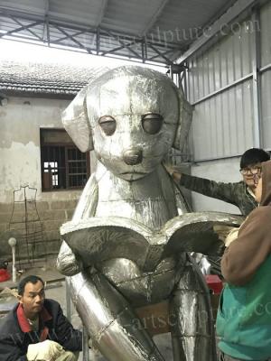 China Dog Shape Stainless Steel Sculpture / Outdoor Garden Statues With Surface Polished for sale