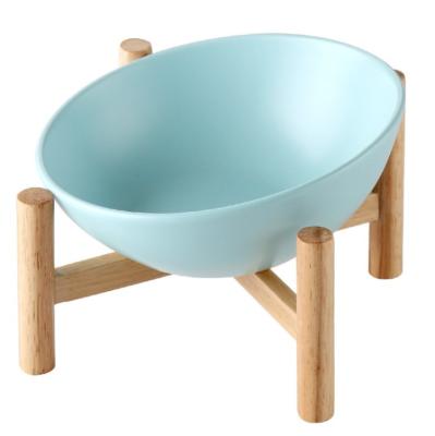 China Sustainable High Quality Ceramic Pet Cat Bowl With Bamboo Rack, Wooden Shelf Cat Dog Food Bowl Manufacturer Supplier Pet Products for sale