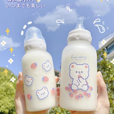 China Madou Ins Creative Pacifier Glass Water Bottle Cardboard Viable Kawaii Bear Frosted Straw Bottle BPA Free Portable Water Bottle for sale