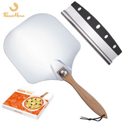 China Aluminum Pizza Wood Skin Handle Scimitar Combination Pizza Shovel Sustainable Folding Baking Rotating Transfer for sale