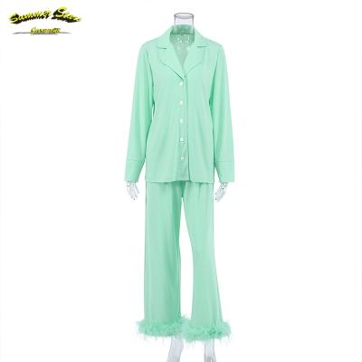 China Women's Breathable Satin Pajama Set Long Sleeve Button Sleepwear Casual Jacket Pant Loose Fit Slim Two-Piece Clothes Wear for sale