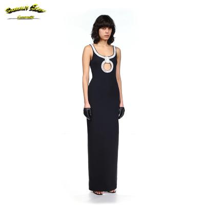 China Anti-Static Sexy Women Clothes 2022 Summer Diamond Neck Sleeveless Dressing Bandage Black Maxi Dress for sale