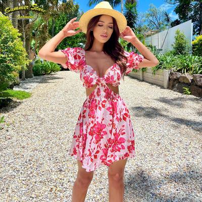 China Spring Summer Elegant Women V-Neck Holiday Style Flower Workable Print Midi Dress Sweet Bodycon Short Skirt Backless Dress for sale