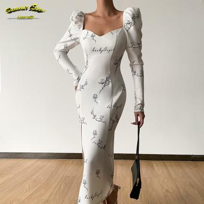 China Wholesale Washable Maxi Dress Ladies Lantern Sleeve Elegant V-Neck Design Fashion Casual High Waist Split Print Summer Long Dress for sale