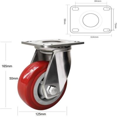 China PIVOT 5 Inch Stainless Steel Swivel Caster Wheels 125 Mm Red Heavy Duty Top Wheel Plate PU Industrial Casters for sale