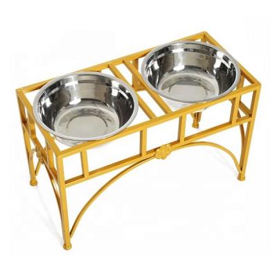 China Sustainable double stainless steel food and water bowls in silver and polished look pet bowls with stand for sale