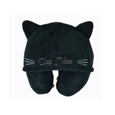 China Cute Black Micro Anti-Decubitus Beads Cat Plush Hooded Travel Neck Support U Shape Pillow With Hoodie for sale