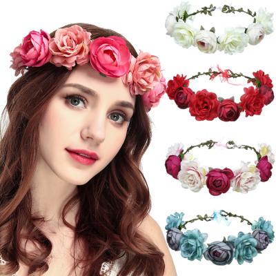 China Adjustable Crown Rose Headband Artificial Flower Garlands Wedding Garland Cloth Women Hair Decoration Ladies Hair Accessories Wholesale For Girls for sale