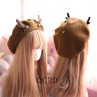 China Fashion Handmade Lolita Adult Plain Wool Beret Hat With Artist Woolen Fashion Cute Adjustable Antlers Hat Beret For Women Ladies for sale