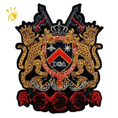 China Viable House Badges Embroidery Fabric Patches Iron On Backpack Applique Brand Fashion Logo Emblem For Jacket Customized for sale