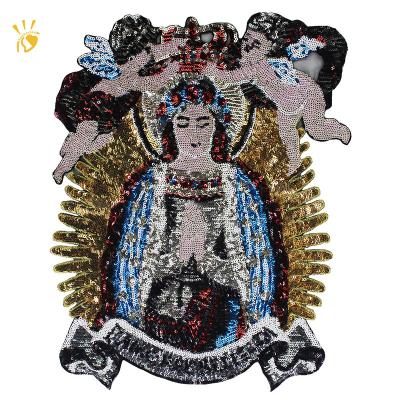 China Large Viable Sequin Virgin Mary Patches Sequin Fabric Patches Embroidery Patches Brand Fashion Show Badges OEM for sale