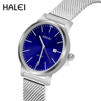 China HALEI Waterproof Business Luxury Simple Calendar Display Mesh Steel Band Color Men Quartz Watches for sale