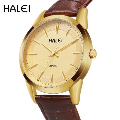 China Trend Waterproof Luxury Brown Business Casual Dress HALEI Genuine Leather Strap Men's Quartz Watches for sale