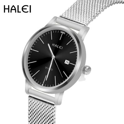 China HALEI Waterproof Classic Fashion Stainless Steel Luxury Single Women Watch Silver Calendar Display Mesh Steel Band Ladies Quartz Watches for sale