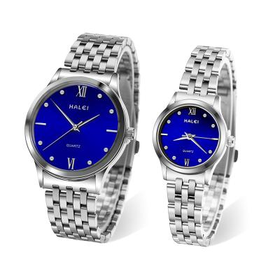 China HALEI Popular Casual Fashion Business Waterproof Popular Steel Band Couples Simple Silver Quartz Watches for sale