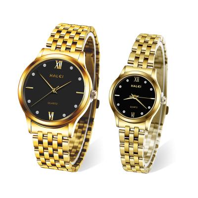 China HALEI High Grade Waterproof Stainless Steel Top Grade Golden Couples Quartz Watches for sale