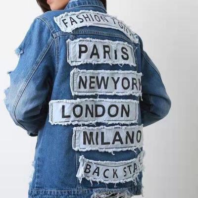 China 2022 Anti-wrinkle women denim capital printed ripped jacket ripped jeans cotton material coat good quality streetwear for sale