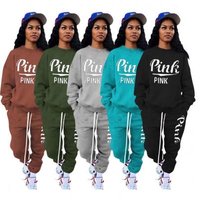 China New Breathable Pink Letter Set Cotton Two Piece Set For Women Sweatshirt + Sweatpants Sweat 2 Piece Set Jogging Suit Wholesale for sale