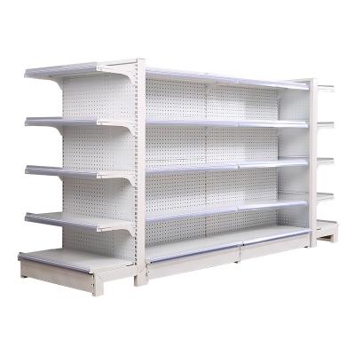 China Double Sided White Grocery Shelf Display Rack Metal Shop Shelving Store Supermarket Plastic Gondola Shelves On Sale for sale