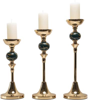 China Home Decoration Multi-scene Use Modern Home Decor Living Room Metal Stick Pillar Candle Holder Gold With Green for sale