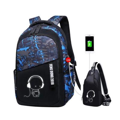 China With graffiti USB backpack with student Fashion USB laptop school bag boys noctilucous schoolbag for sale