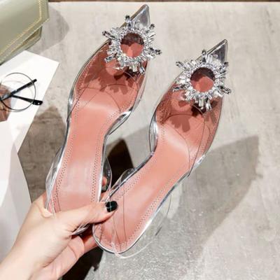 China Fashion Oficetransparent Lightweight Design 2021 Women's Rhinestone Heels Women Sandals Summer Small Heels Sandals for sale