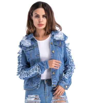 China CH78 Breathable Plus Size Amazon Seller Casual Ripped Top Coats For Women Denim Jacket Fall Jackets 2021 for sale