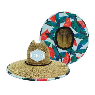 China Custom Made Natural Outdoor Checked Logo Straw Wide Brim Surfing Straw Unisex Summer Hat With Logo Women Summer Panama Cowboy Straw Hat for sale