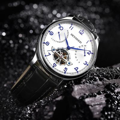 China SKYSEED Automatic Luxury Black Leather Mechanical Business Date Brand Transparent Skeleton Male Wrist Watch for sale