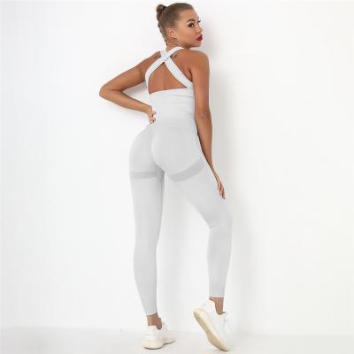 China Antibacterial Bodycon Gym Women Yoga Jumpsuit Workout Jumpsuit Antibacterial Backless Bodycon Sleeveless Textured Romper for sale