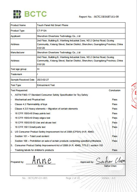 CPSIA - CHEERTONE (HK) INDUSTRIAL CO., LIMITED