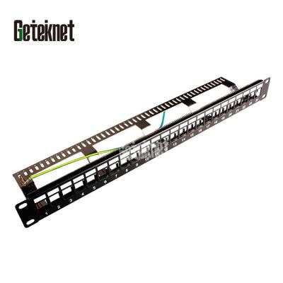 China AWG22-26 1U 19inch 24 Port Patch Panel For Ethernet Jack Cat5e Cat6 Cat6a 24 RJ45 Port Patch Panel UTP Trapezoidal Fiber Patch Panel for sale