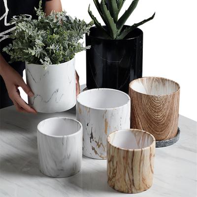 China New Trend Modern Custom Redeco Cheap Pots With Tray Marble Veins Flower Pot Ceramic Garden Plant Pots For Garden Supplies for sale