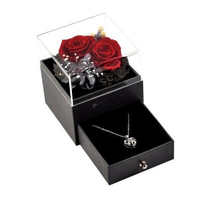 China Good Price Preserved Durable Eternal Roses Preserved Rose Head Rose Ring Box With Drawer Tow Jewelry Box for sale