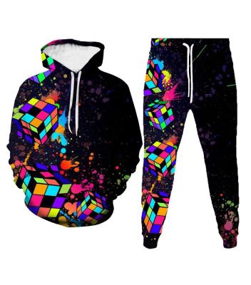 China Fashion Set Two-Piece Autumn And Winter Sports Set 3D Hot Selling Rubik's Cube Printing Breathable Long Sleeve Men's Set for sale