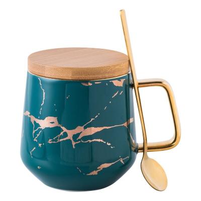 China Viable High Quality Ceramic Coffee Mug With Lid Gold Handle Slot Marble Bamboo Mug for sale