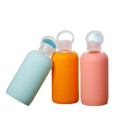 China 500ml Viable Drinking Insulated Glass Water Bottle Canister Customized With Silicone Sleeve And Plastic Lid Custom Water Bottle for sale